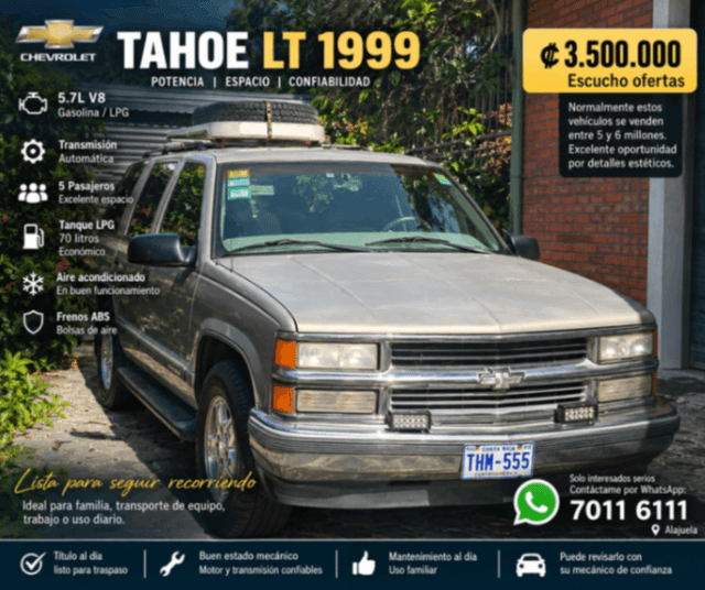 Chevrolet Tahoe LT 1999 — 5.7L V8 / GAS-LPG Excelente opción para quien busca una SUV grande, potente y espaciosa.